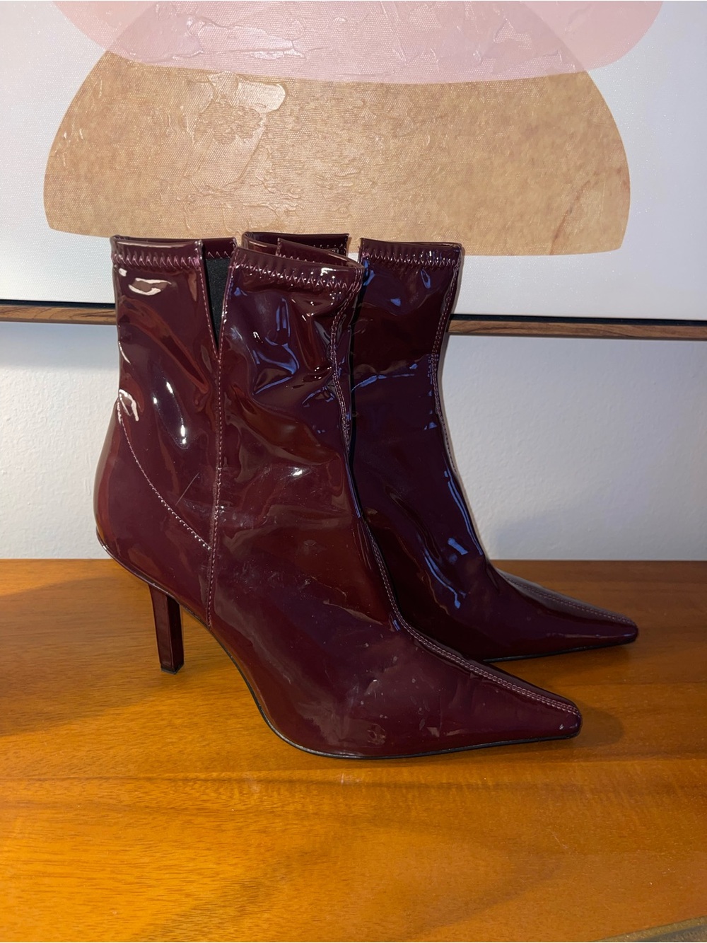 Zara Patent Faux Patent Leather Pointed-Toe Ankle Boots in Deep Wine/Burgundy